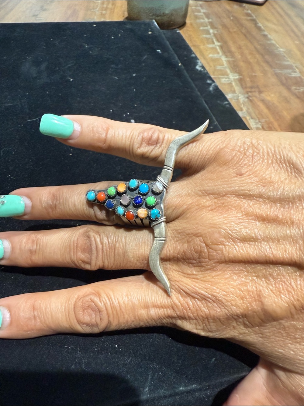 Multi-Stone Bullhead Ring signed Yazzie Colorful Cabochons - Picture 2 of 4